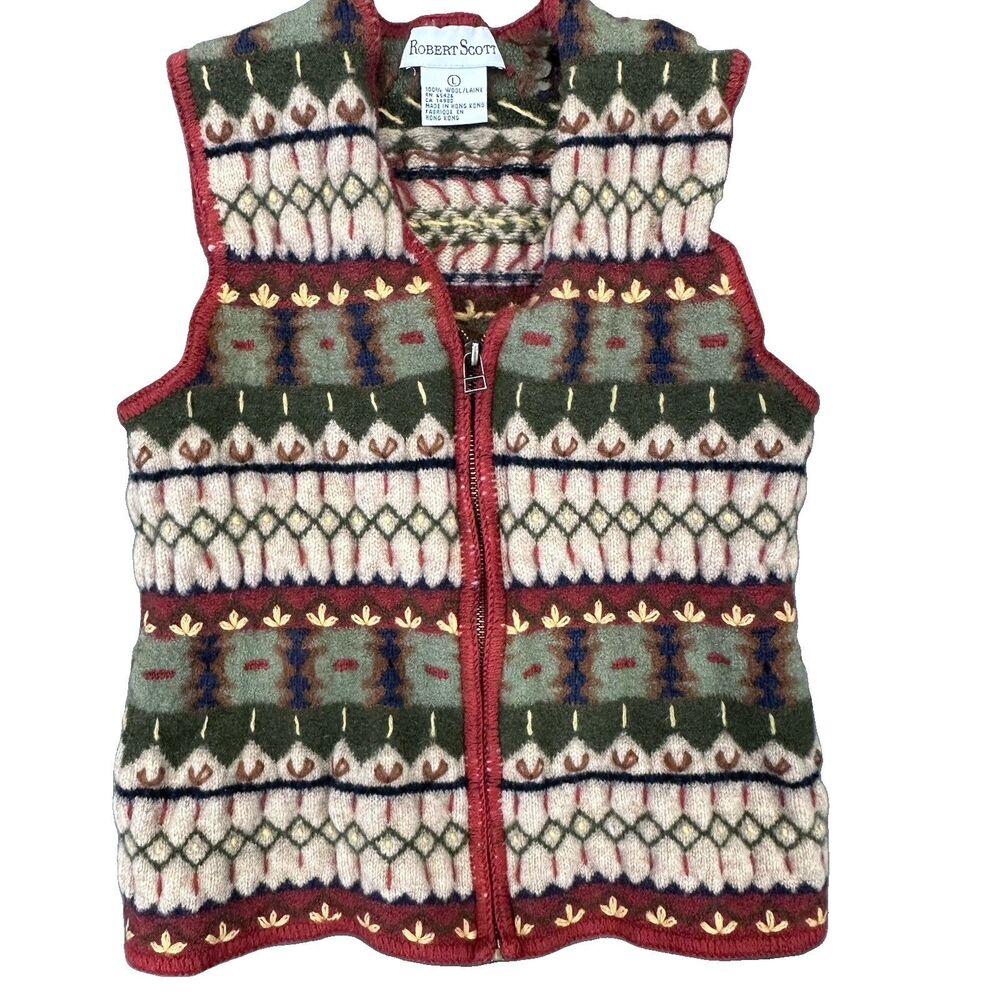 Vintage Robert Scott 100% Wool Full Zip Fair Isle Sweater Vest Women’s L